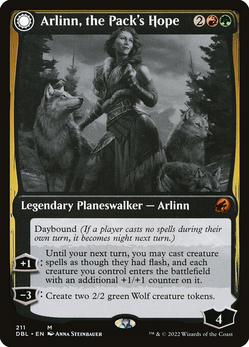 Arlinn, the Pack's Hope // Arlinn, the Moon's Fury art by Emma Rios