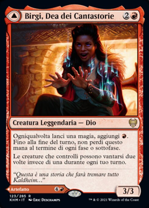 Birgi, God of Storytelling // Harnfel, Horn of Bounty - Kaldheim (#123) - Illustrated by Eric Deschamps - Magic: The Gathering Card