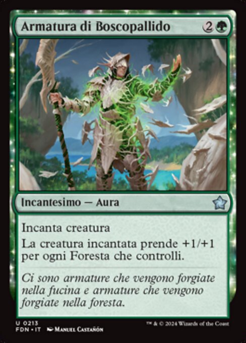 Armatura di Boscopallido (Blanchwood Armor) - Foundations (#213) - Illustrated by Manuel Castañón - Magic: The Gathering Card