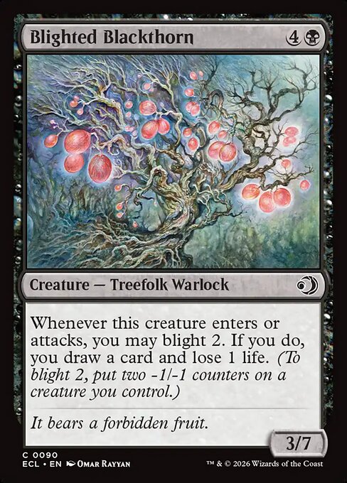 Endrino con plagas (Blighted Blackthorn) - Lorwyn Eclipsed (#90) - Illustrated by Omar Rayyan - Magic: The Gathering Card