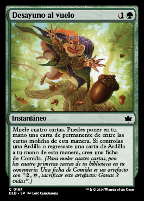 Desayuno al vuelo (Cache Grab) - Bloomburrow (#167) - Illustrated by Loïc Canavaggia - Magic: The Gathering Card
