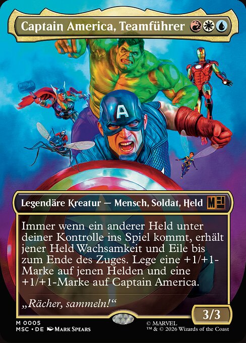 Captain America, Teamführer (Captain America, Team Leader) - Marvel Super Heroes Commander (#5) - Illustrated by Mark Spears - Magic: The Gathering Card