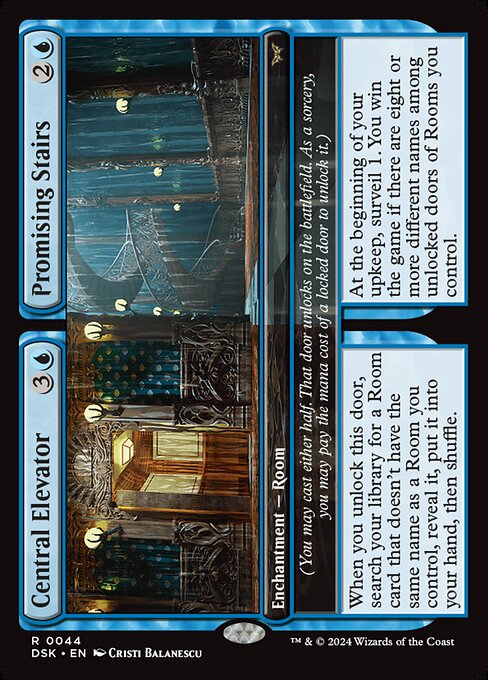 Central Elevator // Promising Stairs - Duskmourn: House of Horror (#44) - Illustrated by Cristi Balanescu - Magic: The Gathering Card