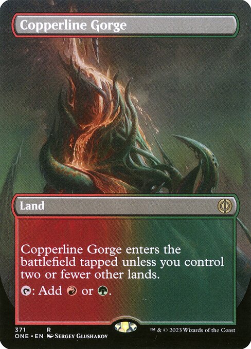 銅線の地溝 (Copperline Gorge) - Phyrexia: All Will Be One (#371) - Illustrated by Sergey Glushakov - Magic: The Gathering Card