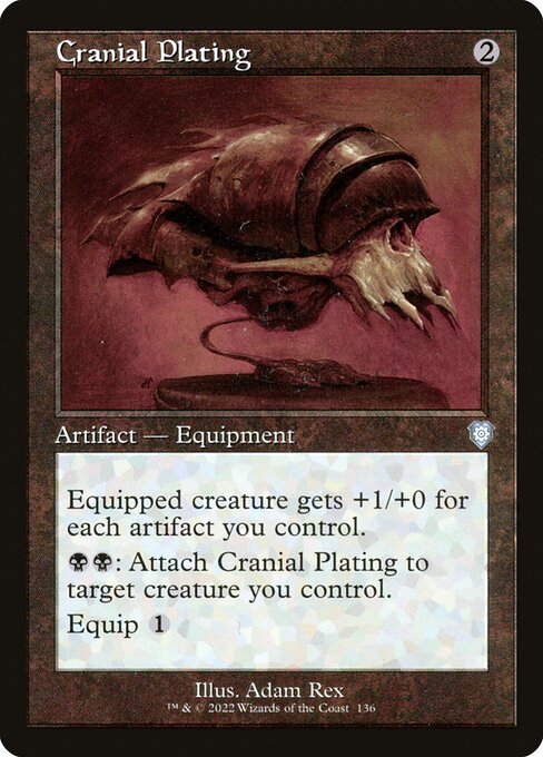 Placca Cefalica (Cranial Plating) - The Brothers' War Commander (#136) - Illustrated by Adam Rex - Magic: The Gathering Card