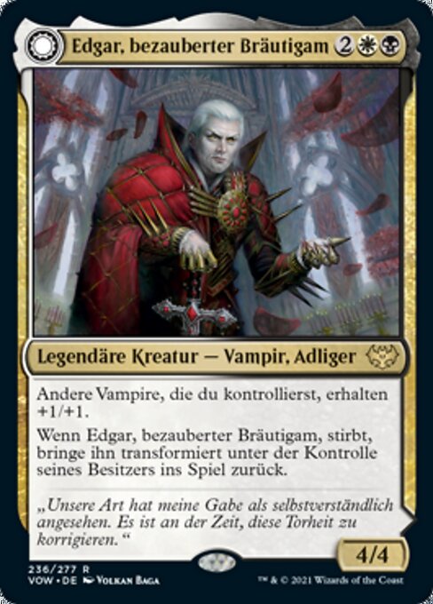 Edgar, Charmed Groom // Edgar Markov's Coffin - Innistrad: Crimson Vow (#236) - Illustrated by Volkan Baǵa - Magic: The Gathering Card