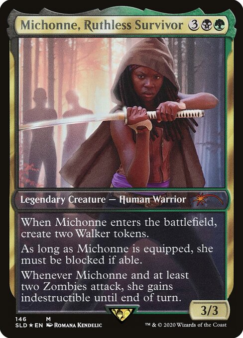 Michonne, Ruthless Survivor (Enkira, Hostile Scavenger) - Secret Lair Drop (#146) - Illustrated by Romana Kendelic - Magic: The Gathering Card