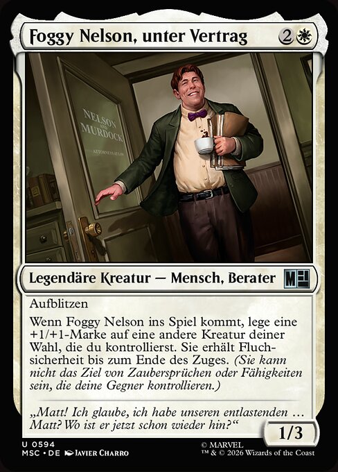 Foggy Nelson, unter Vertrag (Foggy Nelson, On Retainer) - Marvel Super Heroes Commander (#594) - Illustrated by Javier Charro - Magic: The Gathering Card
