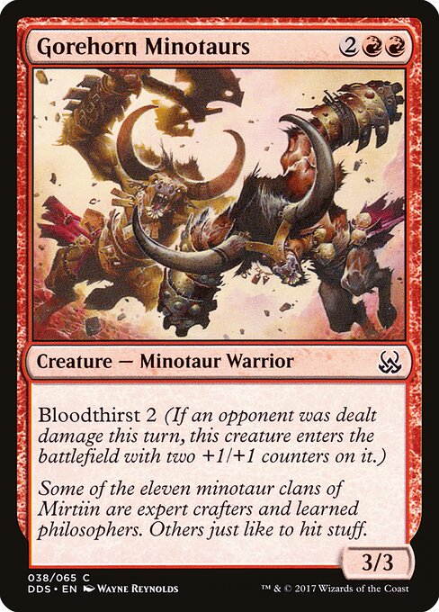 血まみれ角のミノタウルス (Gorehorn Minotaurs) - Duel Decks: Mind vs. Might (#38) - Illustrated by Wayne Reynolds - Magic: The Gathering Card