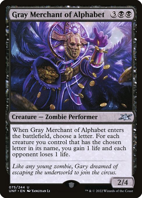 Gray Merchant of Alphabet - Unfinity (#75) - Illustrated by Yangtian Li - Magic: The Gathering Card