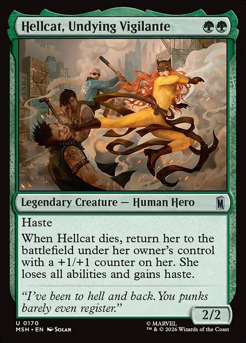 Hellcat, Undying Vigilante - Marvel Super Heroes (#170) - Illustrated by Solan - Magic: The Gathering Card