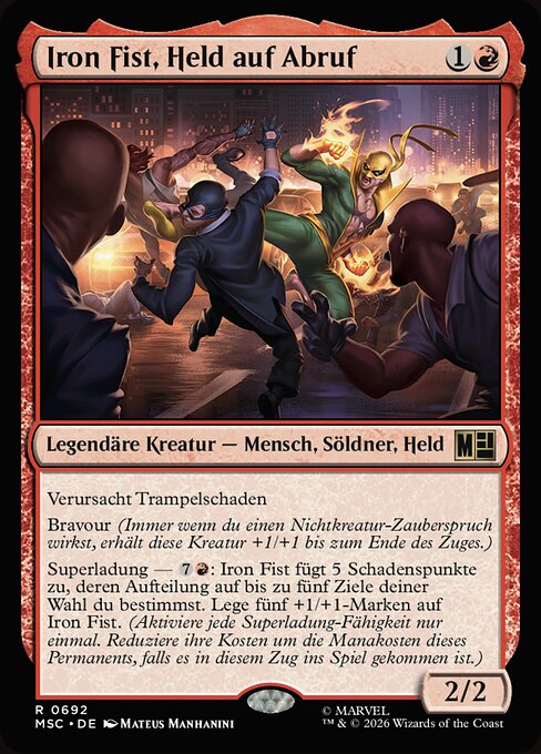 Iron Fist, Héros à Louer (Iron Fist, Hero for Hire) - Marvel Super Heroes Commander (#692) - Illustrated by Mateus Manhanini - Magic: The Gathering Card