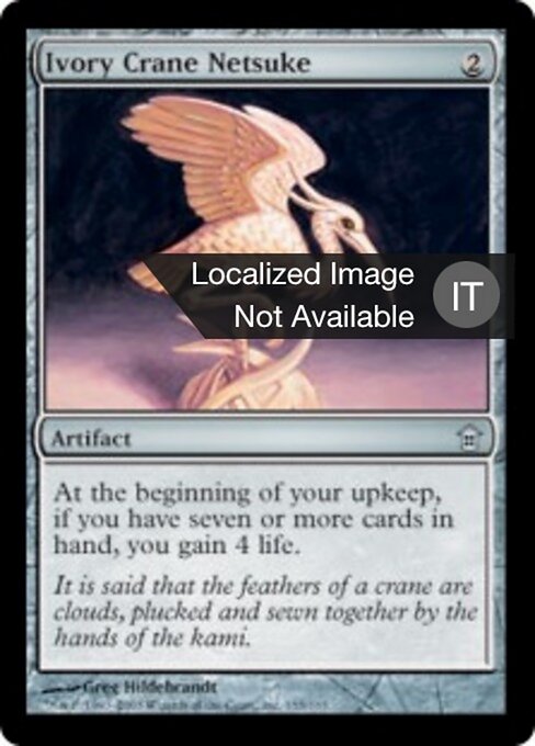 Netsuke de grue en ivoire (Ivory Crane Netsuke) - Saviors of Kamigawa (#155) - Illustrated by Greg Hildebrandt - Magic: The Gathering Card
