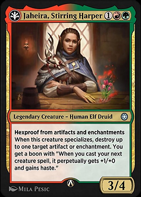 Jaheira, Stirring Harper - Alchemy Horizons: Baldur's Gate (#16r) - Illustrated by Mila Pesic - Magic: The Gathering Card