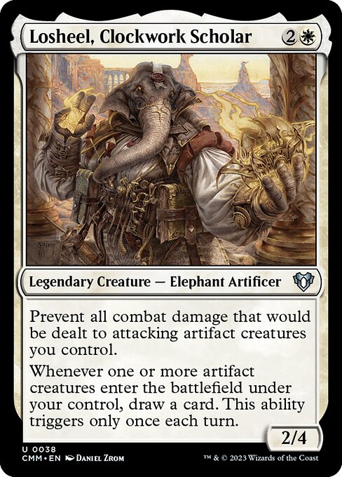 Losheel, Clockwork Scholar - Commander Masters (#38) - Illustrated by Daniel Zrom - Magic: The Gathering Card