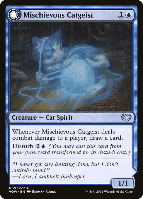 Mischievous Catgeist // Catlike Curiosity - Innistrad: Crimson Vow (#69) - Illustrated by Denman Rooke - Magic: The Gathering Card
