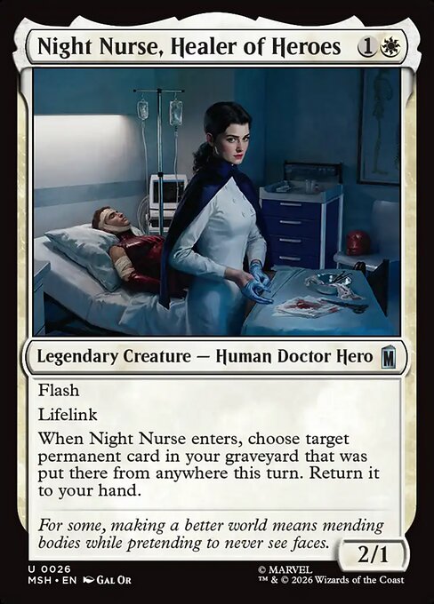 Night Nurse, Healer of Heroes - Marvel Super Heroes (#26) - Illustrated by Gal Or - Magic: The Gathering Card