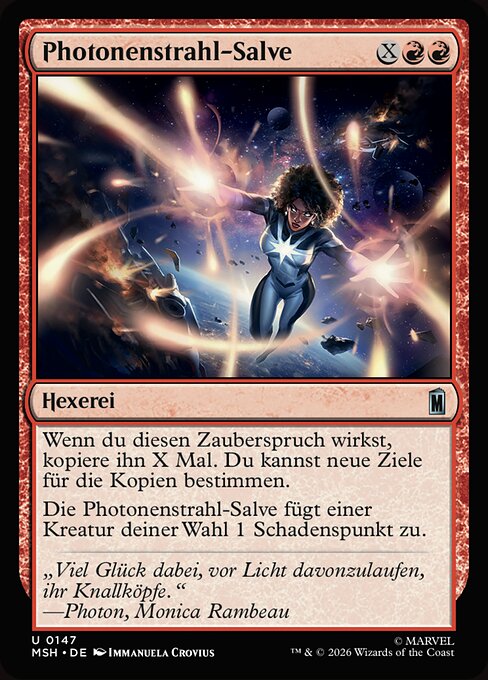 フォトン・ブラスト一斉射 (Photon Blast Barrage) - Marvel Super Heroes (#147) - Illustrated by Immanuela Crovius - Magic: The Gathering Card