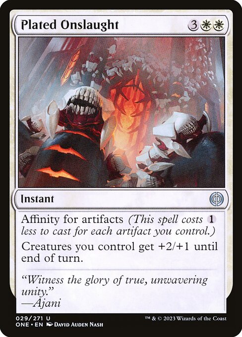 板金鎧の猛攻 (Plated Onslaught) - Phyrexia: All Will Be One (#29) - Illustrated by David Auden Nash - Magic: The Gathering Card