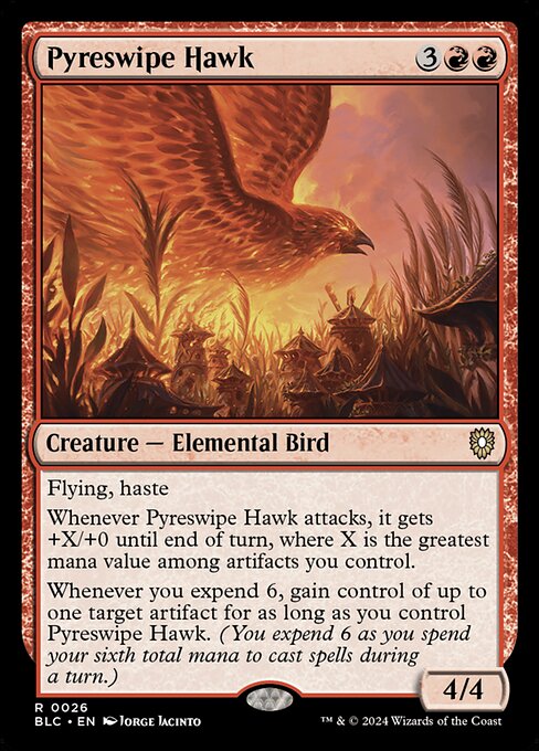 Halcón pirarrasador (Pyreswipe Hawk) - Bloomburrow Commander (#26) - Illustrated by Jorge Jacinto - Magic: The Gathering Card