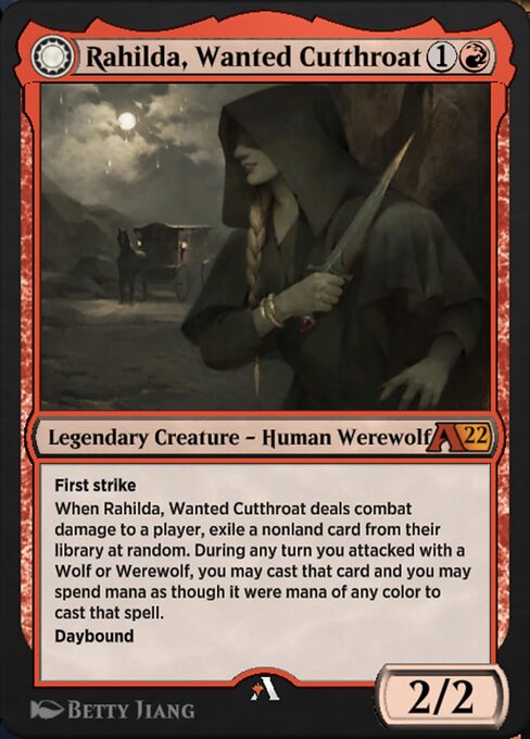 Rahilda, Wanted Cutthroat // Rahilda, Feral Outlaw - Alchemy: Innistrad (#42) - Illustrated by Betty Jiang - Magic: The Gathering Card
