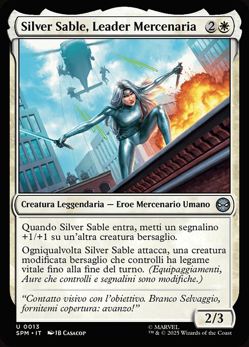 Silver Sable, Leader Mercenaria (Silver Sable, Mercenary Leader) - Marvel's Spider-Man (#13) - Illustrated by JB Casacop - Magic: The Gathering Card