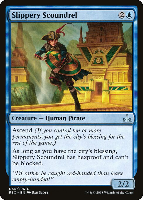 捕らえ難い悪漢 (Slippery Scoundrel) - Rivals of Ixalan (#55) - Illustrated by Dan Murayama Scott - Magic: The Gathering Card