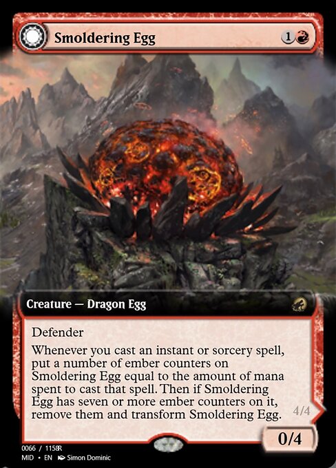 Smoldering Egg // Ashmouth Dragon - Innistrad: Midnight Hunt (#159) - Illustrated by Simon Dominic - Magic: The Gathering Card