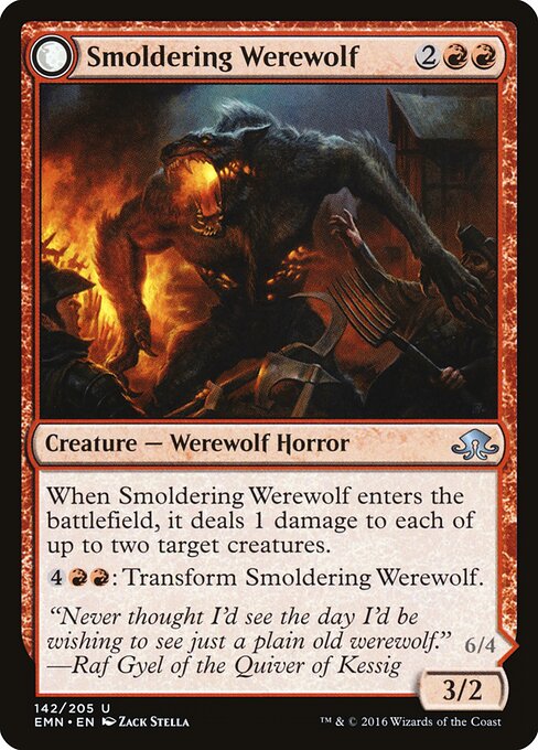 Smoldering Werewolf // Erupting Dreadwolf - Eldritch Moon (#142) - Illustrated by Zack Stella - Magic: The Gathering Card