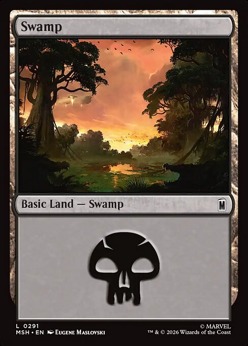 Swamp - Marvel Super Heroes (#291) - Illustrated by Eugene Maslovski - Magic: The Gathering Card