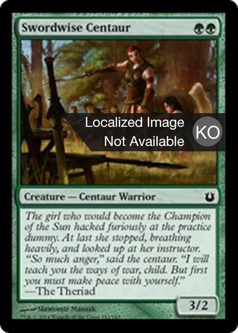 Schwertkundige Zentaurin (Swordwise Centaur) - Born of the Gods (#142) - Illustrated by Slawomir Maniak - Magic: The Gathering Card