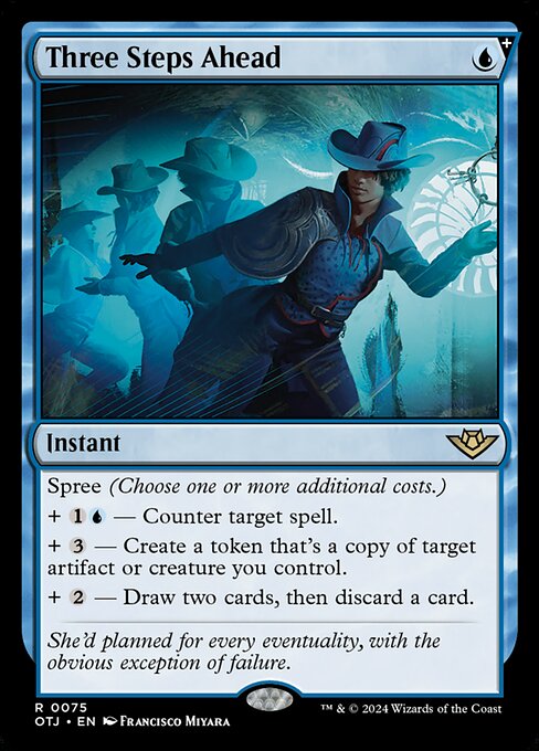 Three Steps Ahead - Outlaws of Thunder Junction (#75) - Illustrated by Francisco Miyara - Magic: The Gathering Card