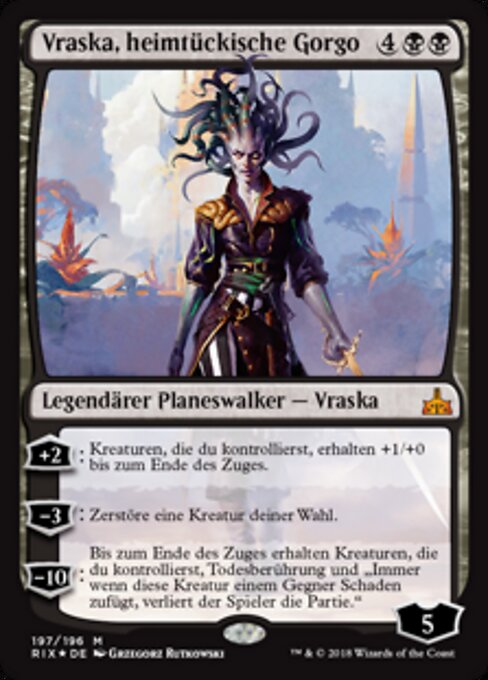 Vraska, gorgona intrigante (Vraska, Scheming Gorgon) - Rivals of Ixalan (#197) - Illustrated by Grzegorz Rutkowski - Magic: The Gathering Card