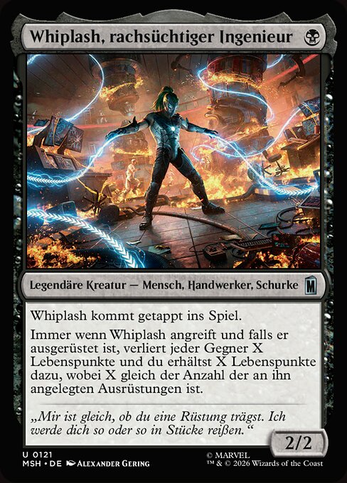 Latigazo, ingeniero vengativo (Whiplash, Vengeful Engineer) - Marvel Super Heroes (#121) - Illustrated by Alexander Gering - Magic: The Gathering Card